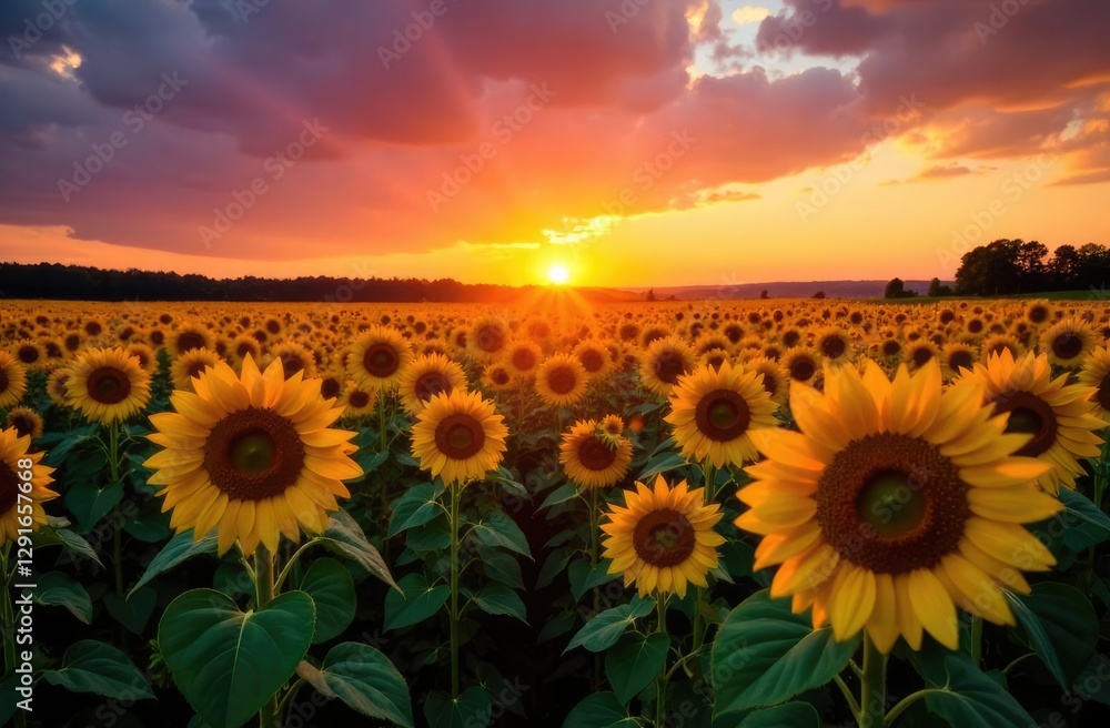 Obraz premium Beautiful sunset over sunflowers field