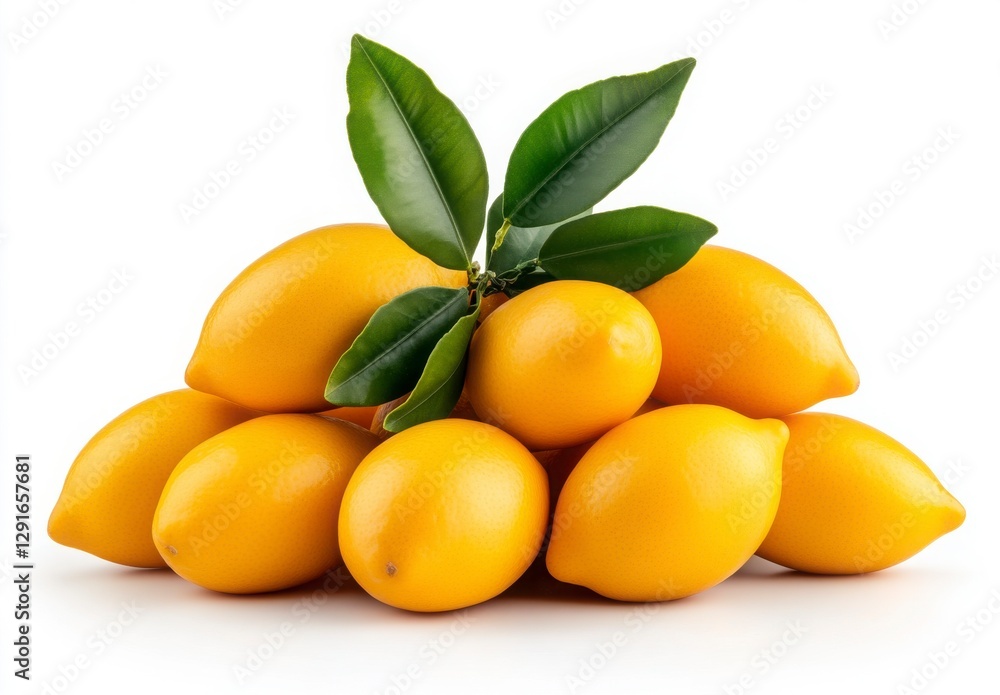 Fresh and Juicy Yellow Lemons with Green Leaves Stacked on a Table Fresh and Juicy Yellow Lemons with Green Leaves Stacked on a Table