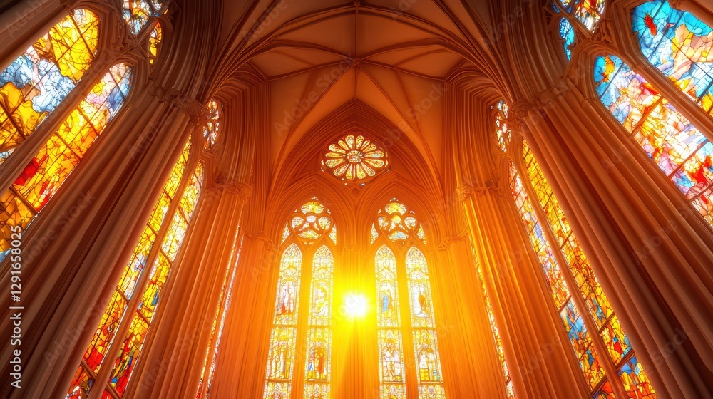 Obraz premium Stunning Gothic Cathedral Interior with Colorful Stained Glass