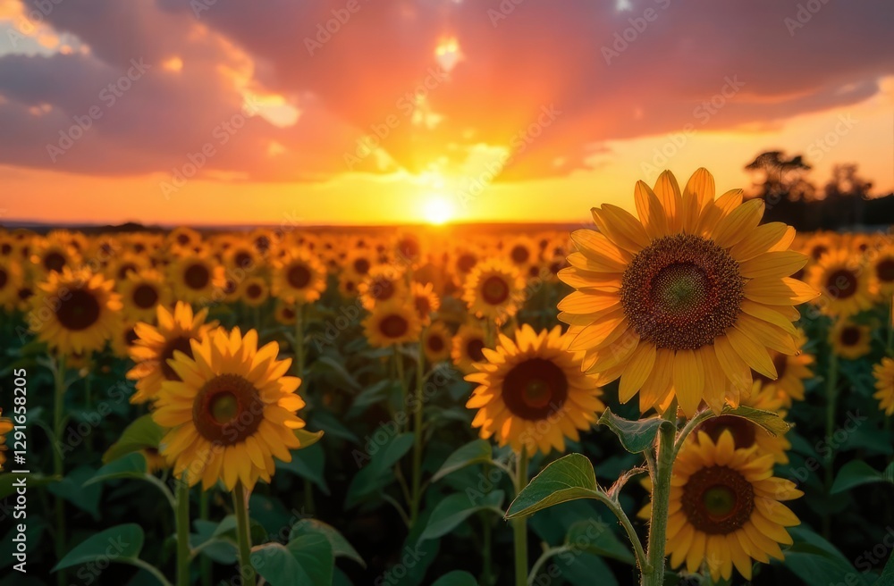 Obraz premium Beautiful sunset over sunflowers field