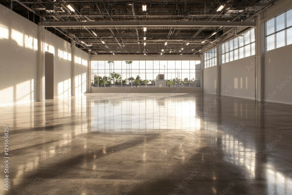 Sunlit industrial warehouse interior, city view Sunlit industrial warehouse interior, city view