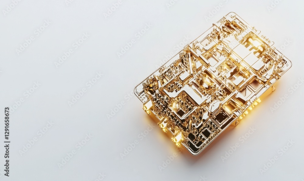 Intricate golden circuit board design illuminated against a white background, showcasing technology Intricate golden circuit board design illuminated against a white background, showcasing technology