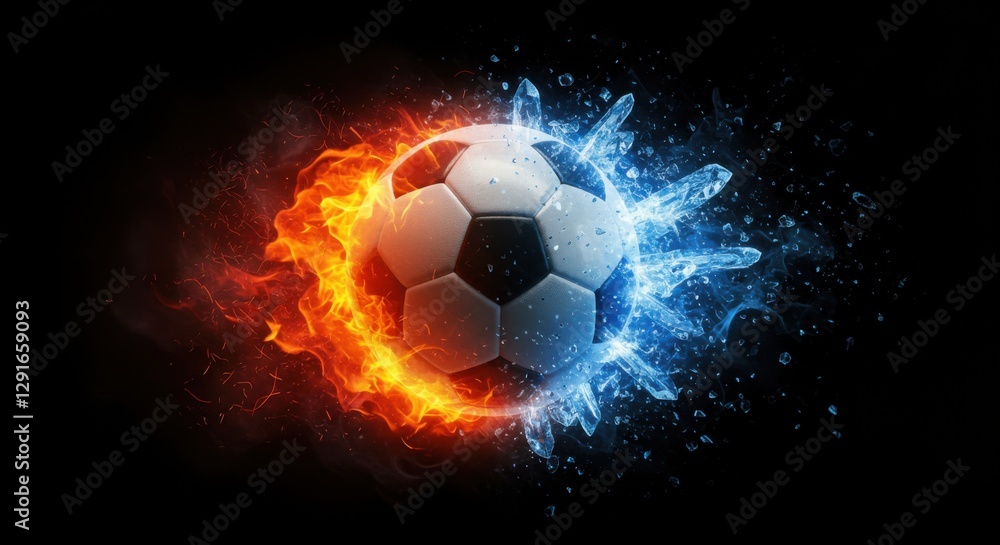 Naklejka premium Fiery and Icy Soccer Ball: A Dramatic Visual