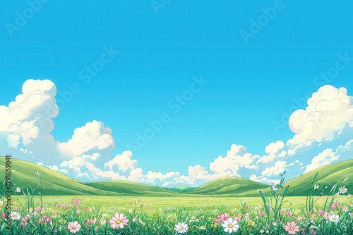 Happy Spring Flowers Background. Vibrant landscape with green hills and colorful flowers under a bright blue sky.