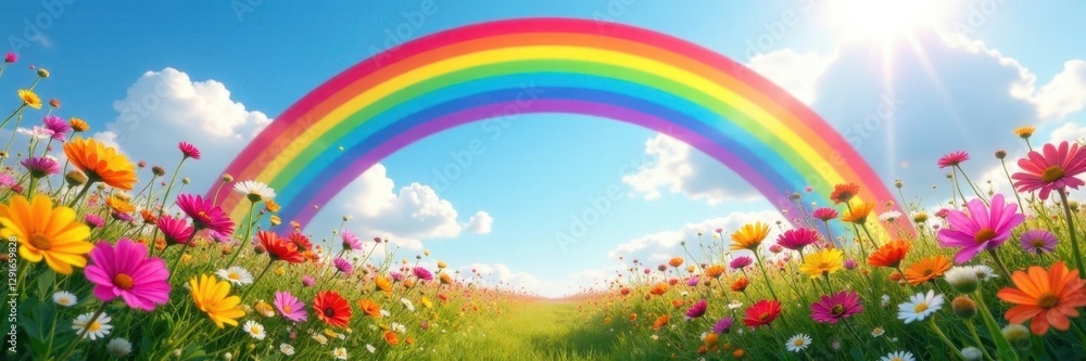 Fototapeta premium Vibrant rainbow arch over blooming wildflowers, green field, fluffy clouds, botanical