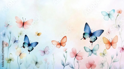 Fototapeta Naklejka Na Ścianę i Meble -  Happy Spring Flowers Background. Colorful butterflies amidst soft flowers in a dreamy watercolor style.