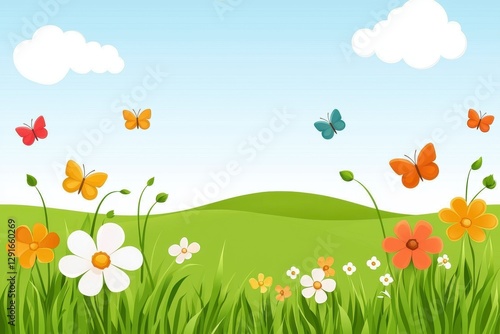Happy Spring Flowers Background. Colorful flowers and butterflies against a bright blue sky and green hills.
