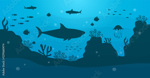 Underwater seascape in flat style. Deep sea silhouette with fish and coral reef. Undersea landscape scene. Vector stock