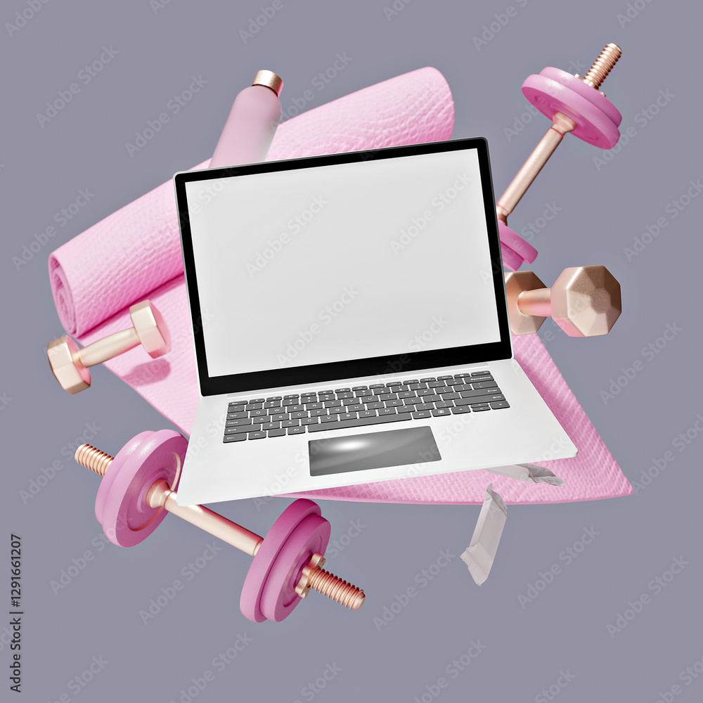 Φωτογραφία Laptop with pink fitness equipment including yoga mat, dumbbells, barbell, and w