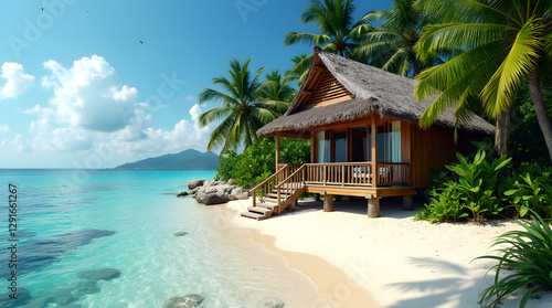 A peaceful wooden hut nestled on a secluded tropical island  surrounded by lush greenery  pristine beaches  and the calm of nature.