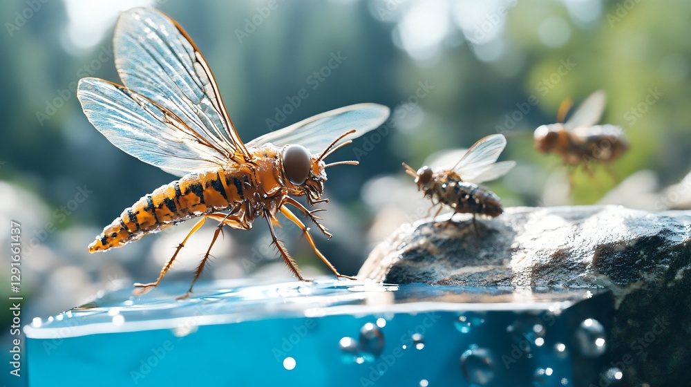 Naklejka premium Insect Close-Up on Water Surface with Stone and Nature Background, Brightly Colored and Detailed