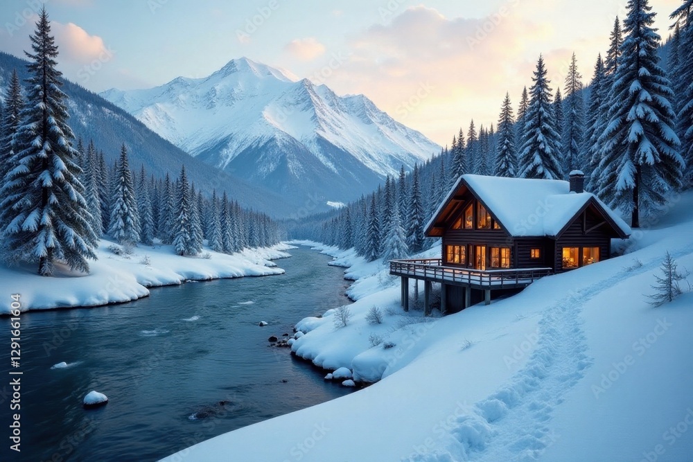 Fototapeta premium Rustic ski chalet overlooking Quinault River, winter scene , chalet, landscape
