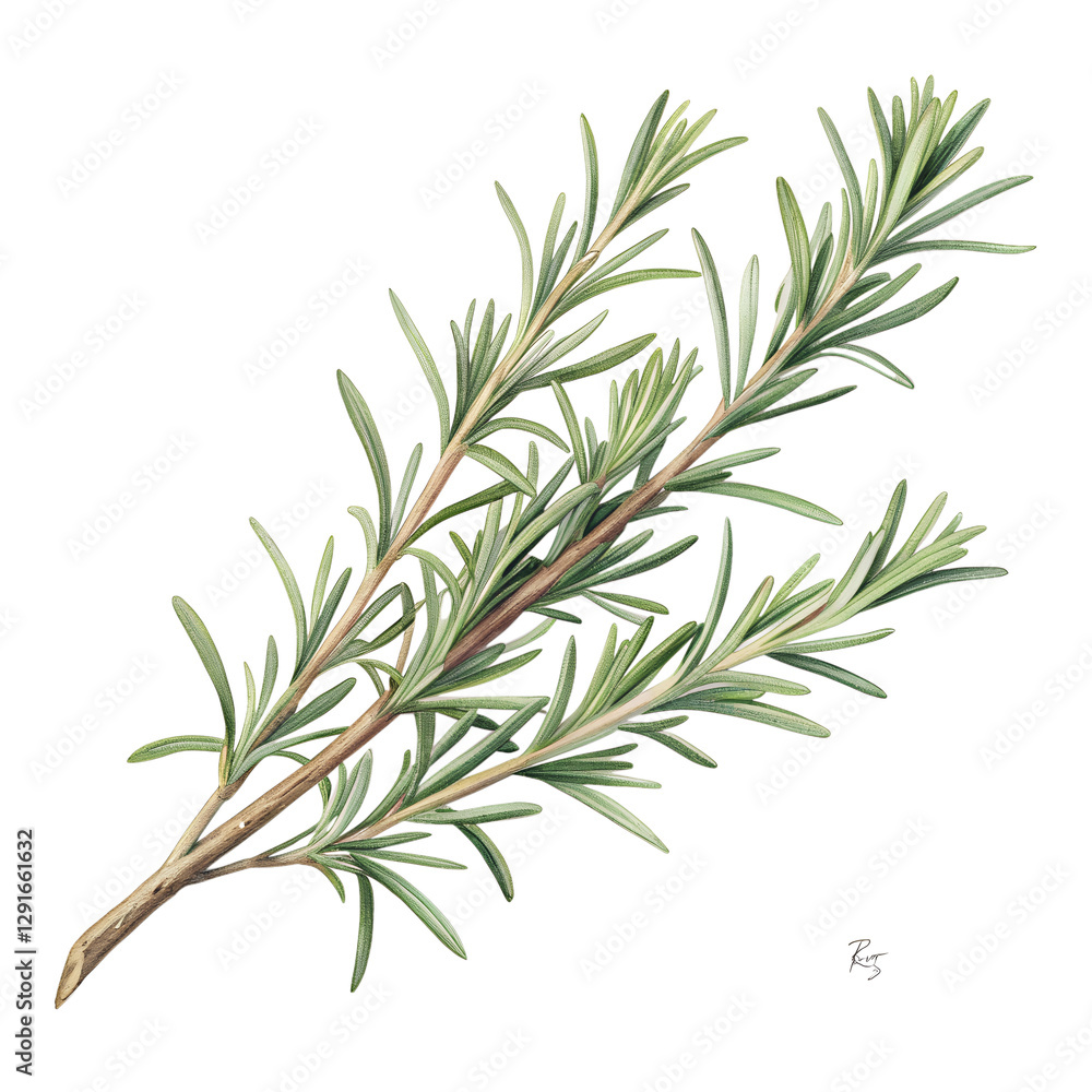 A sprig of rosemary with needle-like leaves and woody stems, positioned elegantly on an isolated white background, in a rustic botanical illustration style, with soft natural lighting to accentuate it A sprig of rosemary with needle-like leaves and woody stems, positioned elegantly on an isolated white background, in a rustic botanical illustration style, with soft natural lighting to accentuate it