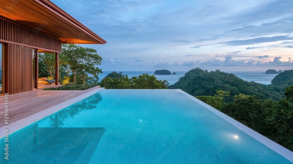 Fototapeta premium Serene Luxury Hotel Pool Overlooking Ocean at Twilight
