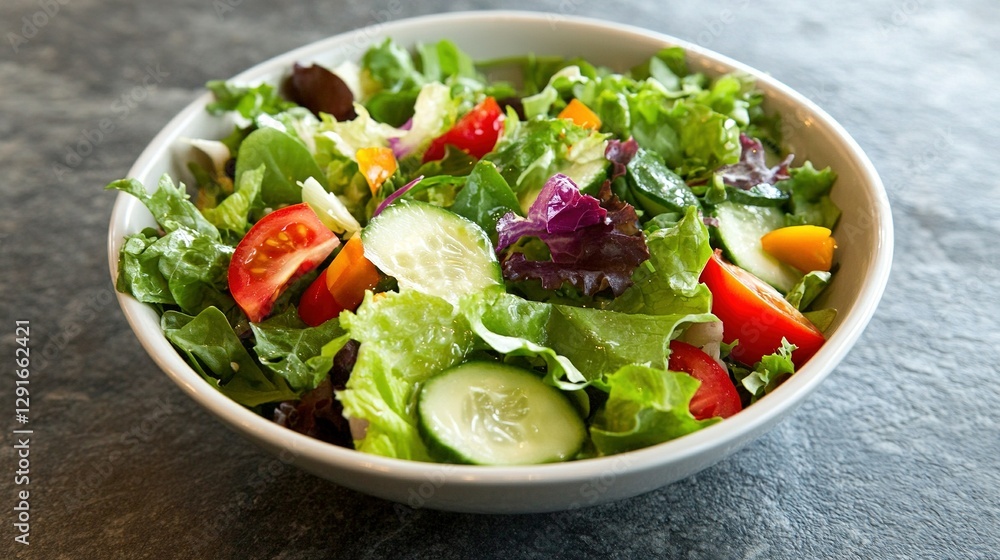A bowl of salad: Describe the fresh, crisp greens, colorful vegetables, and the tangy dressing that ties it all together. A bowl of salad: Describe the fresh, crisp greens, colorful vegetables, and the tangy dressing that ties it all together.