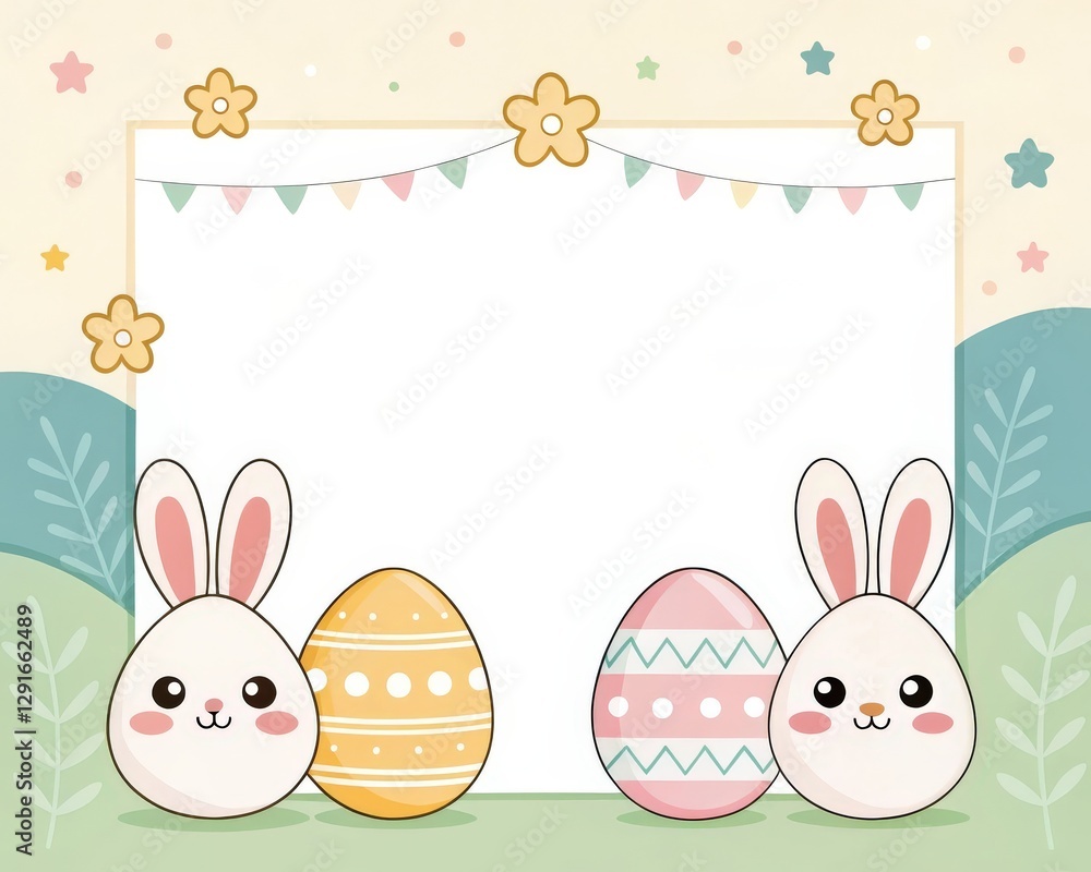 Obraz premium Easter-themed frame decoration features two rabbits with colorful eggs 