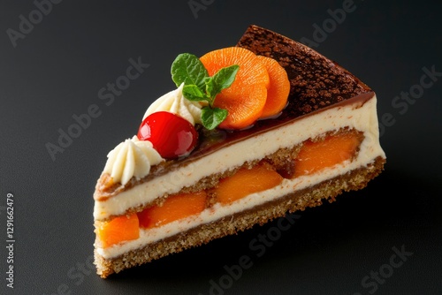 Delicious layered cake with fruit, mint, dark background photo