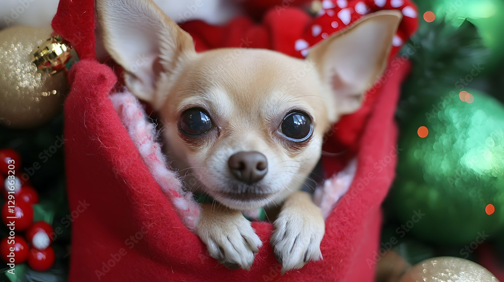 Chihuahua nestled in a holiday stocking with festive surroundings Chihuahua nestled in a holiday stocking with festive surroundings