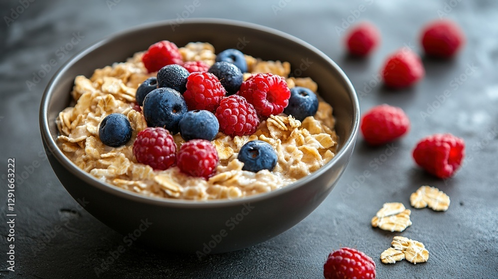 A bowl of oatmeal with fresh berries: Describe the creamy texture of the oatmeal and the juicy berries that add a touch of sweetness. A bowl of oatmeal with fresh berries: Describe the creamy texture of the oatmeal and the juicy berries that add a touch of sweetness.