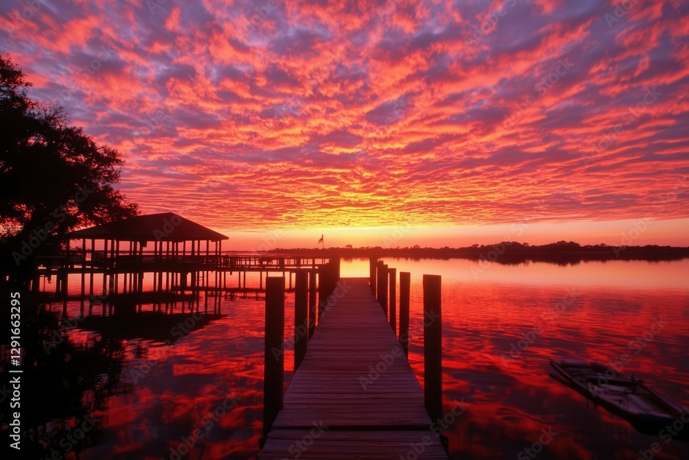 Obraz premium Fiery sunrise over calm lake, wooden pier, tranquil scene