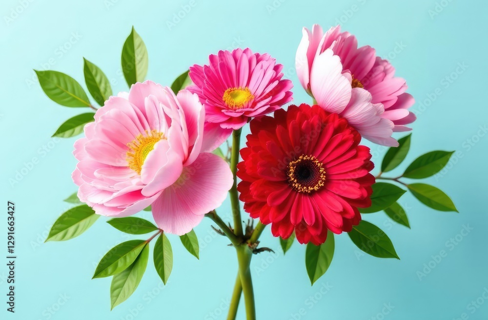 Red gerberas, pink peonies and green leaves flying on light blue background Red gerberas, pink peonies and green leaves flying on light blue background