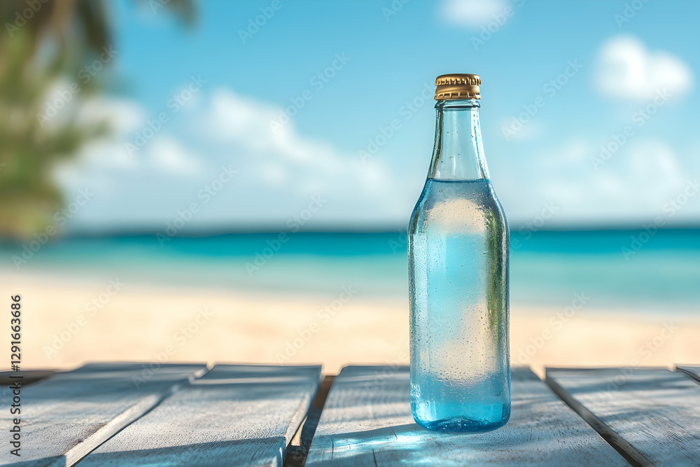 Chilled beverage bottle on a wooden table near the beach, highlighting a sunny day and offering copy space Chilled beverage bottle on a wooden table near the beach, highlighting a sunny day and offering copy space