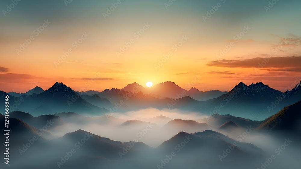 Misty mountain peaks rising on both sides golden sunrise glow illuminating the soft empty sky creating a tranquil and serene landscape in the hazy valley below Misty mountain peaks rising on both sides golden sunrise glow illuminating the soft empty sky creating a tranquil and serene landscape in the hazy valley below