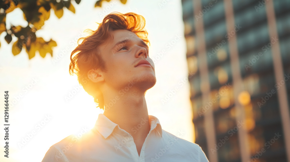 Fototapeta premium Portrait of a young businessman enjoying the serene sunset in the city, gazing upwards with hope and ambition for the future