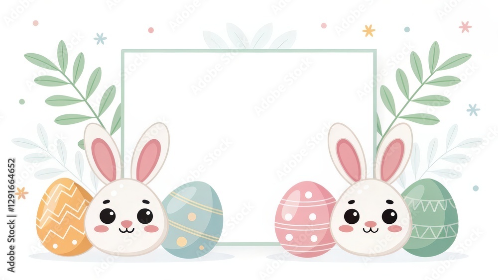 Obraz premium Easter bunnies and eggs with blank space for a message, suitable for greeting cards or invitations. The illustration features a clean style and pastel colors.