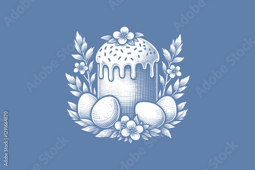 Vintage white engraving of an Easter cake with eggs on blue