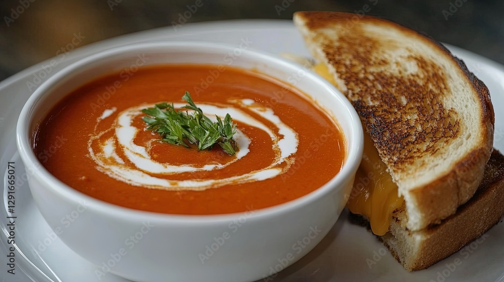 A bowl of creamy tomato soup with a swirl of cream on top, served next to a crispy grilled cheese sandwich. A bowl of creamy tomato soup with a swirl of cream on top, served next to a crispy grilled cheese sandwich.