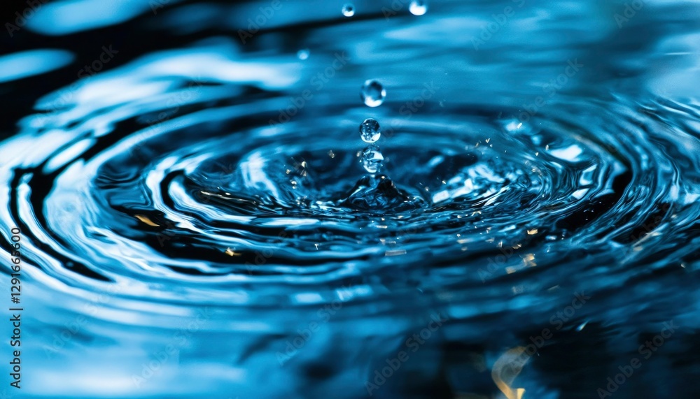 Water drop creates ripples in blue liquid Water drop creates ripples in blue liquid