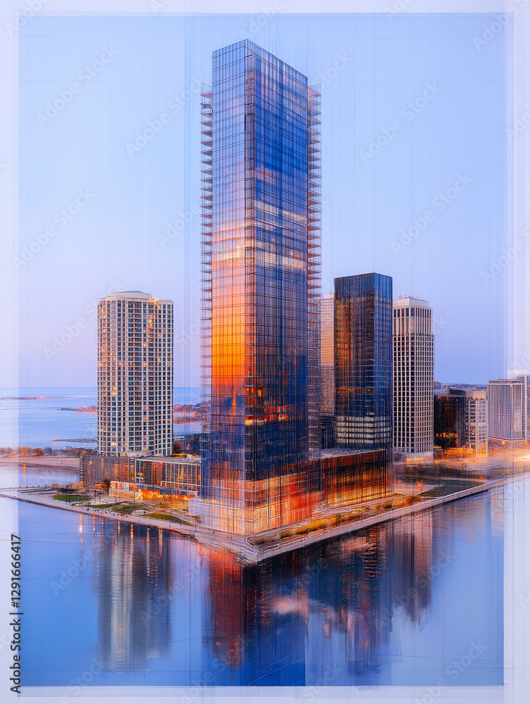 Fototapeta premium City Skyline Reflection: A modern cityscape with a stunning skyscraper reflecting the sunset hues and lights on the water. capturing the beauty of urban architecture and infrastructure.