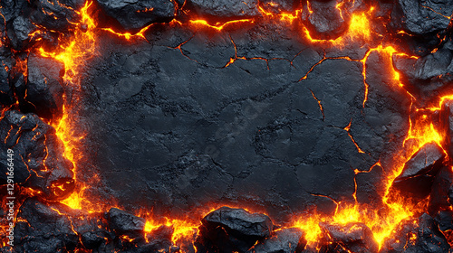 A fiery lava rock frame with glowing embers and cracks