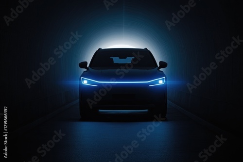 Sleek electric vehicle illuminated in dark tunnel, showcasing fu