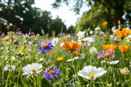 Vibrant wildflowers bloom in sunny park meadow