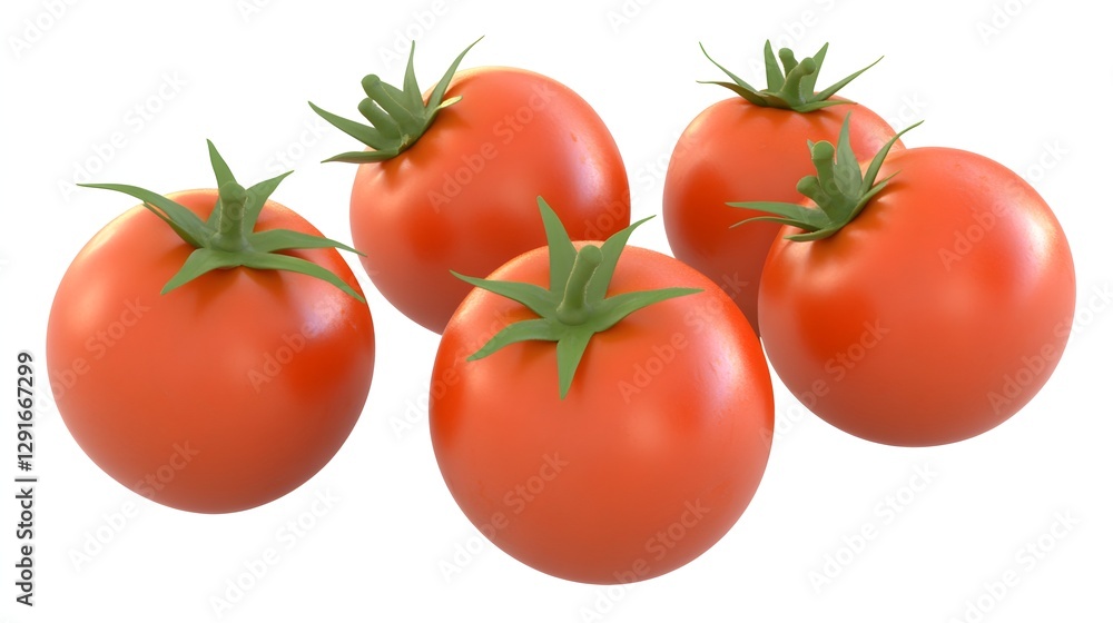Five Fresh Red Tomatoes with Green Leaves Arranged on a White Background Five Fresh Red Tomatoes with Green Leaves Arranged on a White Background