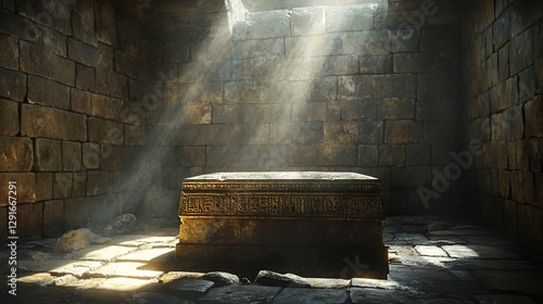 Ancient stone chamber, sunlight beams on golden altar, mystery