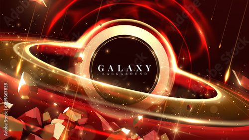 Black hole background with golden ring and red curved light with glowing star effect with meteors, red galaxy backdrop design concept in luxury style.