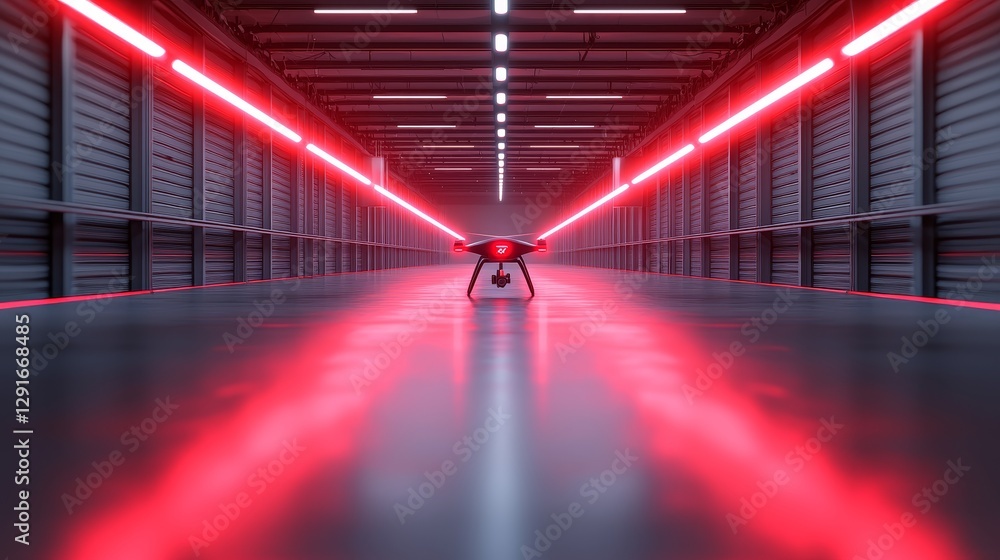 Drone action in futuristic warehouse with red lighting aerial technology showcase industrial environment Drone action in futuristic warehouse with red lighting aerial technology showcase industrial environment
