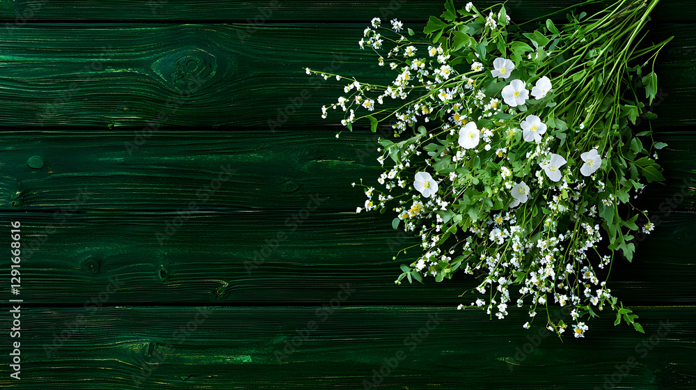 Fototapeta premium White flowers bouquet on dark wood. Spring floral arrangement, rustic background. Ideal for greeting cards