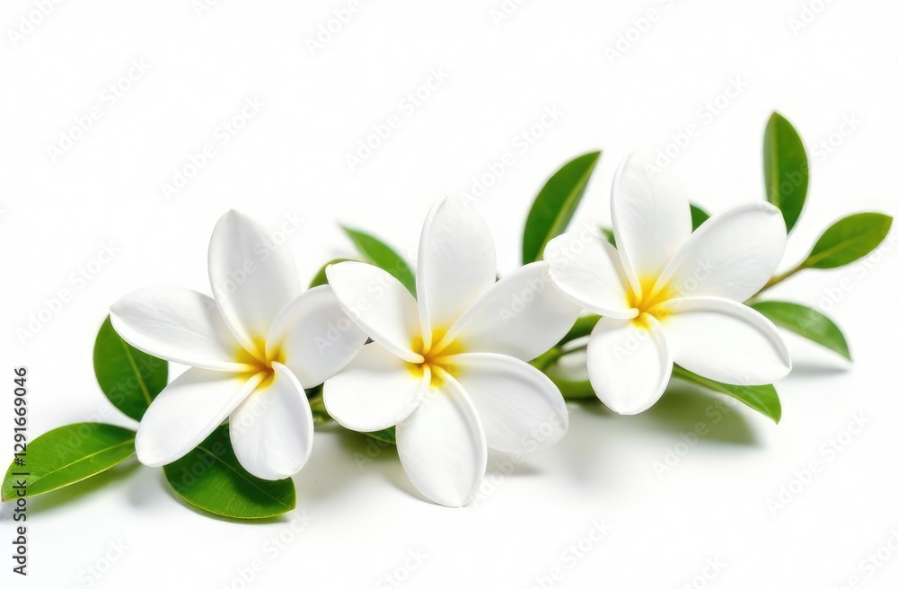Fototapeta premium Beautiful jasmine flowers with leaves in air on white background 