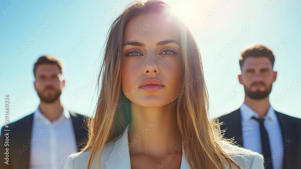 Portrait of a businesswoman leading a team of businessmen under the sun, showing confidence and determination Portrait of a businesswoman leading a team of businessmen under the sun, showing confidence and determination