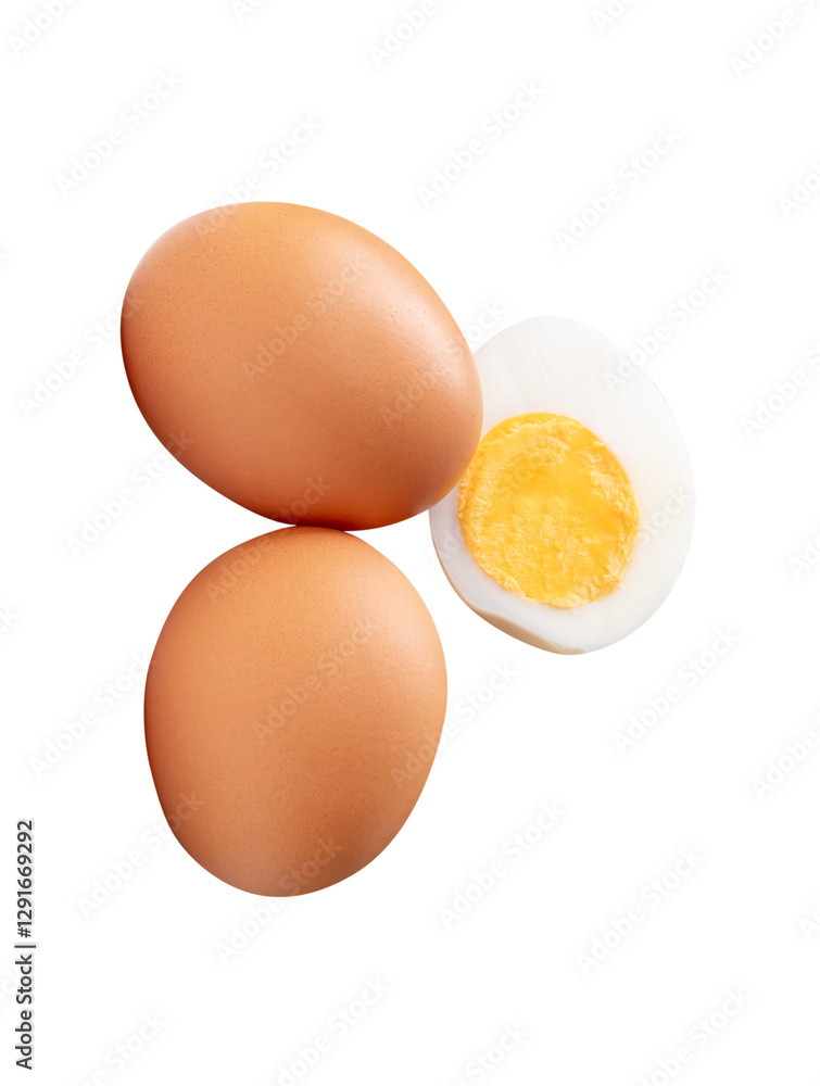 Top view set of two raw chicken eggs and cooked or boiled egg with egg yolk in one half isolated with clipping path in png file format Top view set of two raw chicken eggs and cooked or boiled egg with egg yolk in one half isolated with clipping path in png file format
