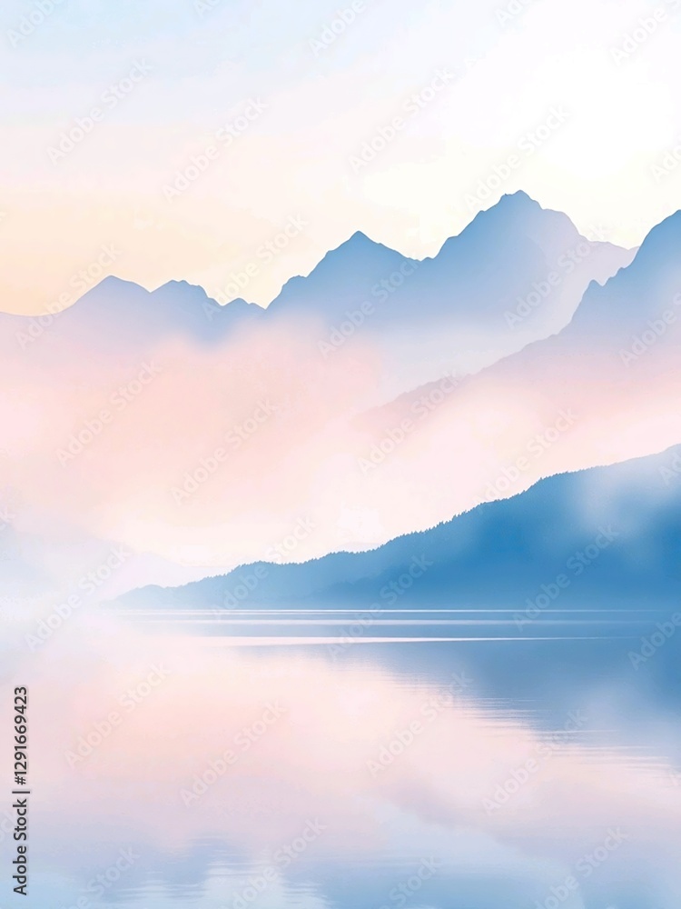 Fototapeta premium A misty mountain range is depicted, with calm reflections mirrored perfectly in the water.