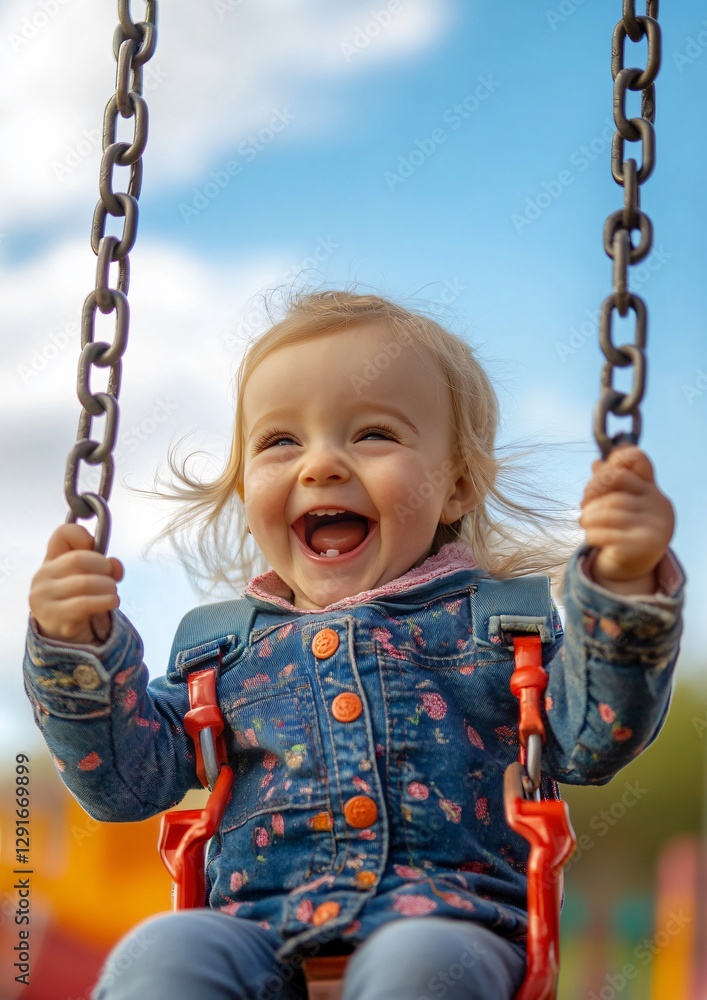 Happy Child Swinging and Laughing Freely in Playground Happy Child Swinging and Laughing Freely in Playground