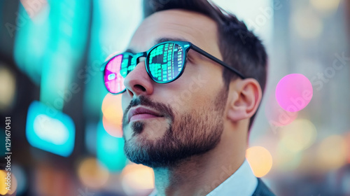 Businessman wearing sunglasses reflecting stock market data, suggesting augmented reality and futuristic trading