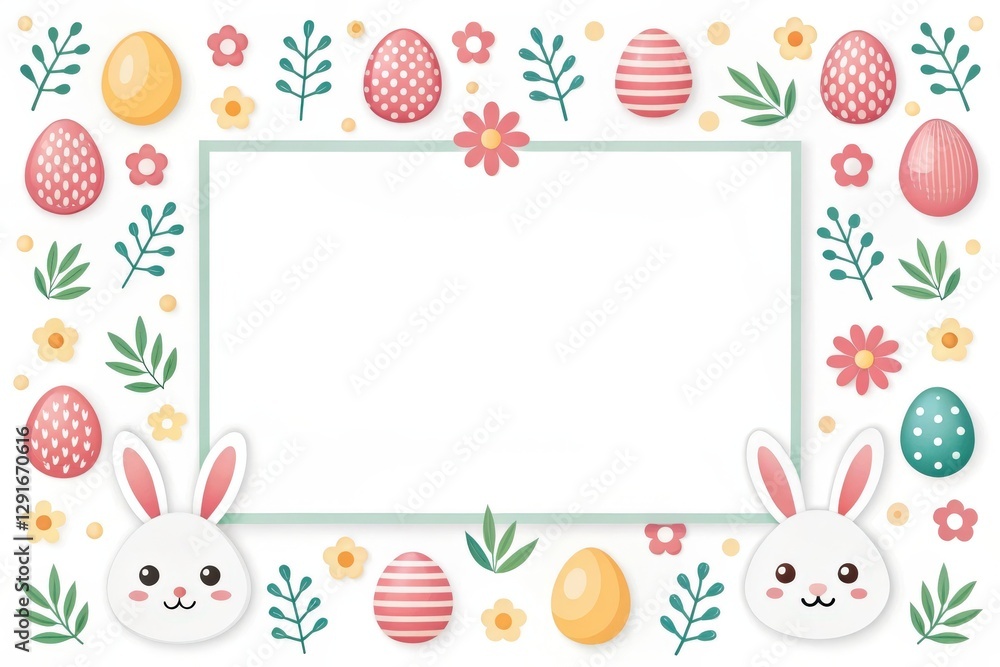 Fototapeta premium Easter background with decorated eggs, flowers, and cute bunnies around a rectangular frame