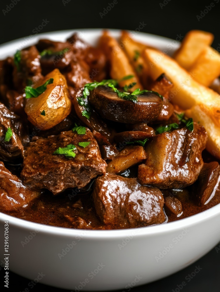 Close-up of rich beef bourguignon with mushrooms, served with french fries in a white bowl, garnished with parsley. Close-up of rich beef bourguignon with mushrooms, served with french fries in a white bowl, garnished with parsley.