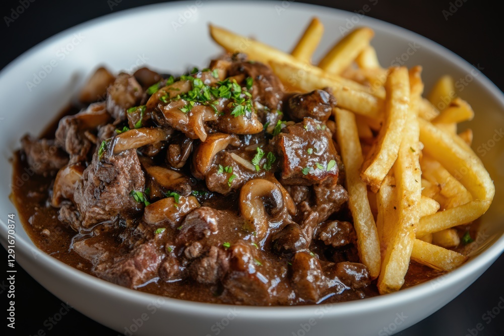 Close-up of rich beef bourguignon with mushrooms, served with french fries in a white bowl, garnished with parsley. Close-up of rich beef bourguignon with mushrooms, served with french fries in a white bowl, garnished with parsley.